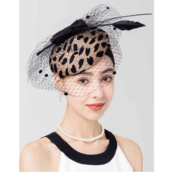 Leopard Print Fascinator Hat Pillbox with Veil Headband Clip - Picture 2 of 5